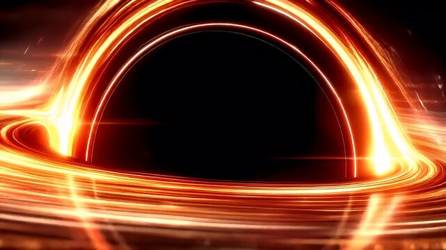 Black hole, fantasy, mysterious. A digital artwork depicts a swirling vortex of fiery orange and yellow light, resembling a ring of fire or molten metal, against a dark, starry night sky.
