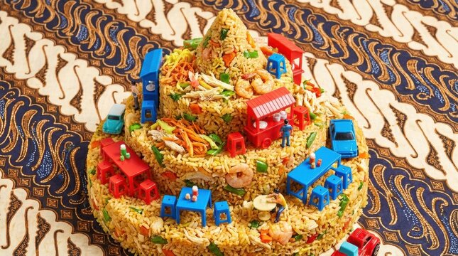 Creative miniature city scene built on a tiered cone of Indonesian nasi goreng fried rice with miniature cars, stalls, and people on a traditional brown batik fabric background.