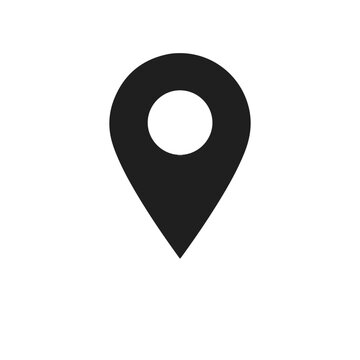 Black location pin icon illustration, minimalist vector design with teardrop marker and circular center for navigation graphics