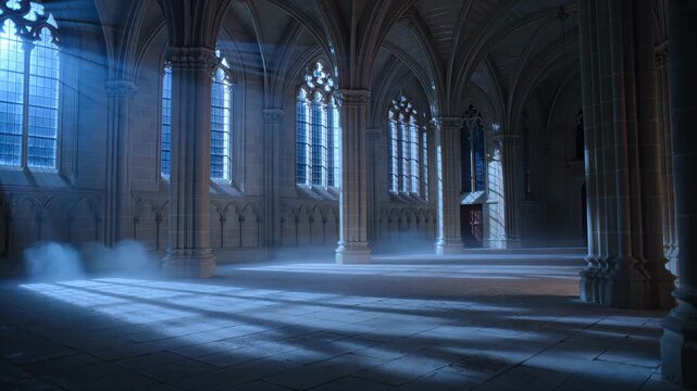 Interior of a Gothic Cathedral with Mystical Sunlight Beams and Fog