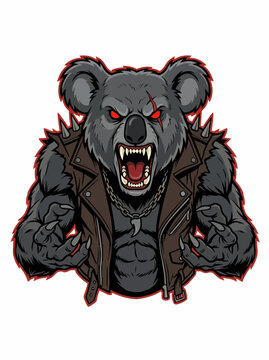 Angry Koala in Leather Jacket Portrait.