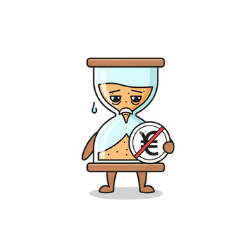 Cartoon hourglass holding prohibited euro symbol, time is money concept