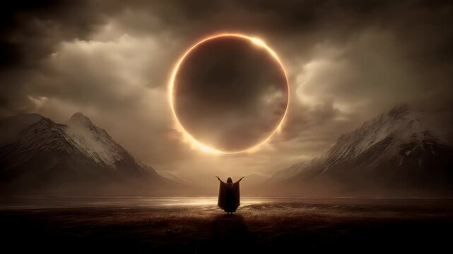 Eclipse, fantasy, mysterious, supernatural. A dramatic digital artwork depicts a solitary figure standing in the middle of a vast, desolate landscape. The figure wears a long.