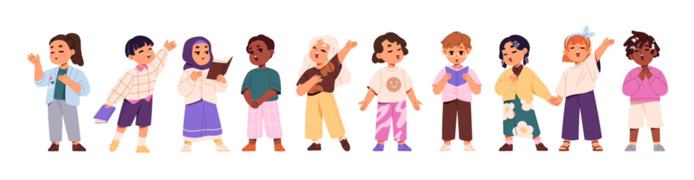 Set of happy kids singing in church chorus. Group of children performs carol songs in choir. Little singers standing, showing a music concert. Flat isolated vector illustrations on white background
