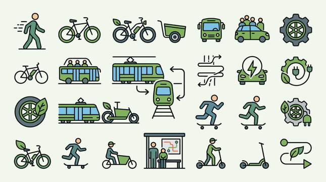 Professional minimalist vector icon set for sustainable transportation featuring electric cars, bicycles, trams, walking, carpooling, e-scooters, and eco-friendly urban mobility.