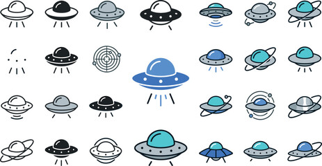 UFO Icon Vector Set with Various Styles and Illustrations for Science Fiction, Space, and Alien Theme Designs © DabashChandra