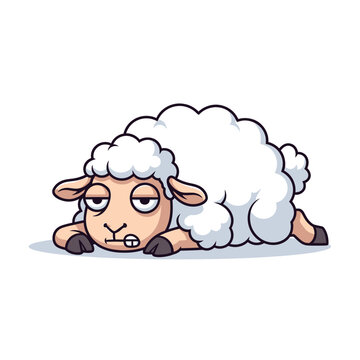 Tired Cartoon Sheep Illustration on White Background