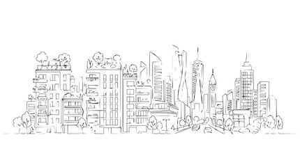 Fototapeta premium Modern City Skyline Sketch: Diverse Architecture with Green Rooftops