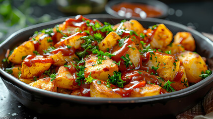 Fototapeta premium Patatas bravas with spicy sauce tapas shine with bold red spicy sauce topping, Spanish potato dish food design art.