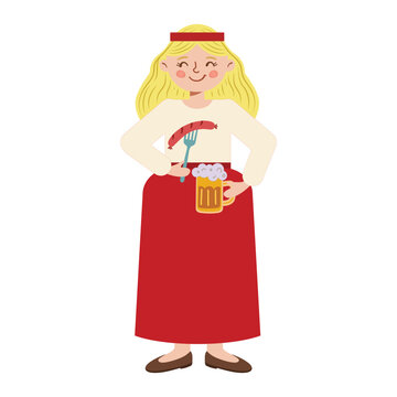 Blonde Girl Holding Sausage and Beer Mug, Ligo or Scandinavian Midsummer Midsommar Character, Red Long Skirt, Traditional Baltic Folk Art Flat Vector Illustration for Summer Solstice Festival