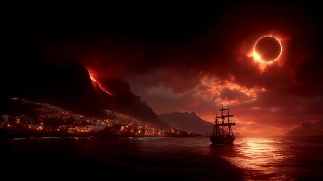Eclipse, fantasy, mysterious, supernatural. A vivid portrayal of a celestial scene during a total solar eclipse. A ship sails on calm waters, its sails billowing in the wind.