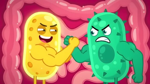 Cartoon animation of good and bad bacteria arm wrestling inside the human intestine representing gut health and microbiome balance