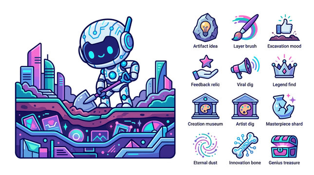 Flat vector illustration of a cute chibi robot digging for digital artifacts in a futuristic city cross-section, including a set of twelve creative concept icons and symbols.