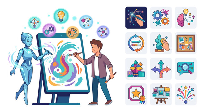 Human Artist and AI Robot Collaborating on Digital Art Canvas with Creative Process Icons, Generative Art Concept in Flat Vector Style for Technology and Design Industry