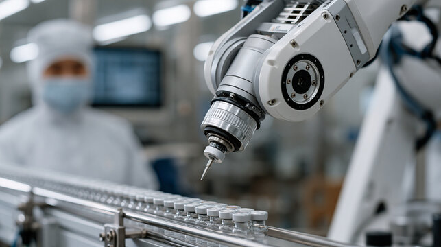 Robot arm in pharmaceutical cleanroom filling sterile vials with measured liquid doses, precise needle dispenser mounted on robotic track, quality control technician in full protective gown monitori
