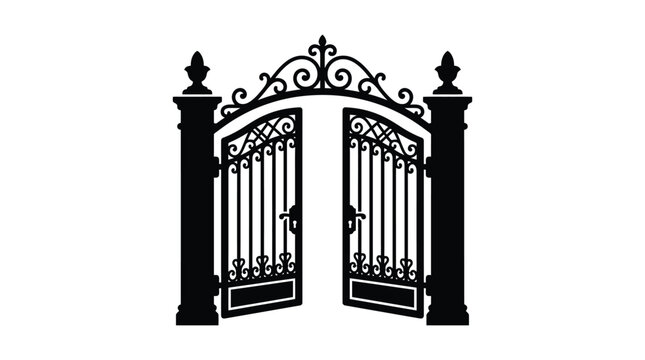 ornate wrought iron gates open black silhouette
