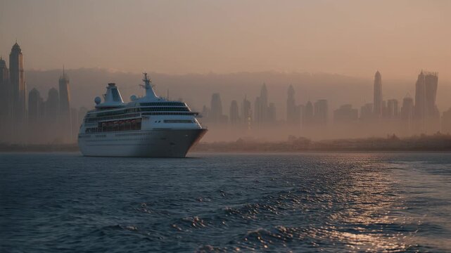 Cruise ship sailing through misty city skyline at dusk. White luxury liner navigating foggy urban harbor waters. Maritime travel and coastal cityscape scene.