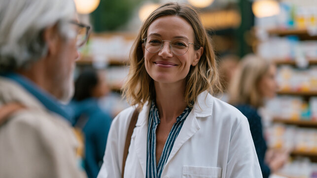 OTC allergy medication section of busy urban pharmacy where diverse shoppers compare product packaging while pharmacist on floor proactively approaches elderly male customer to offer counseling, vib