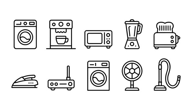 Collection of clean line art icons representing essential household appliances on a white background