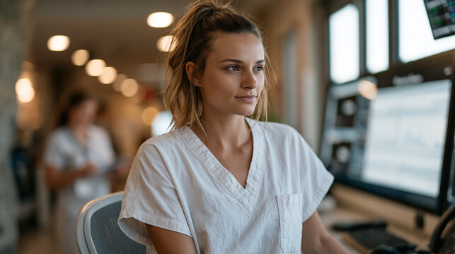 Hospital predictive analytics nurse manager reviews readmission risk stratification charts on a touchscreen command center in a cardiovascular unit, flagging high-acuity discharge cases for care tra