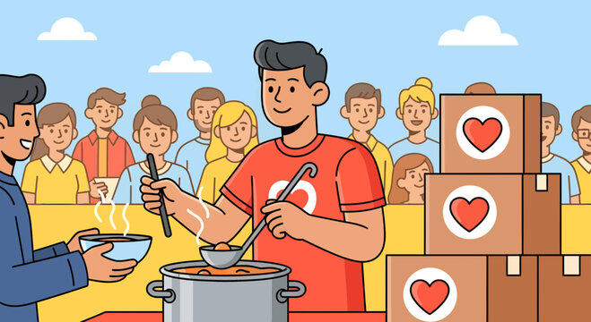 Man serving food from pot.