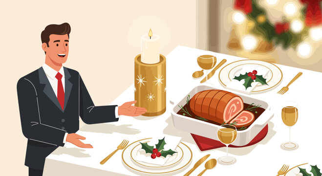 Man serving roasted ham dinner.