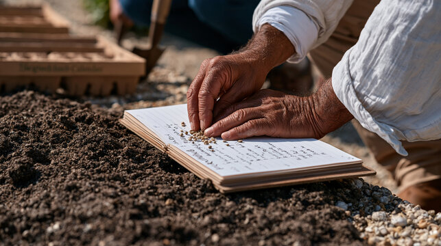 Close up of weathered hands pressing seeds into dark garden soil beside a handwritten planting calendar, a June sun warming a community garden plot, volunteers crouching nearby with trowels and biod