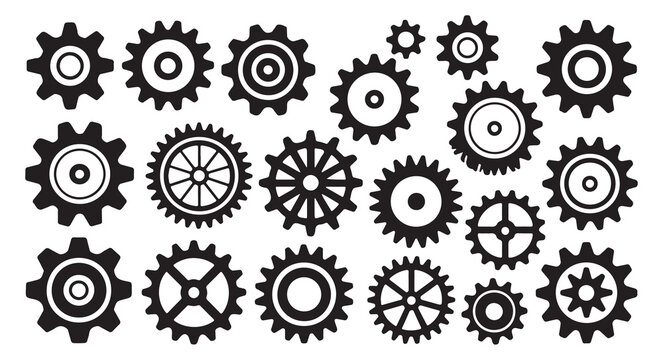 Industrial gear wheel collection with various cogwheel shapes for mechanical engineering art.