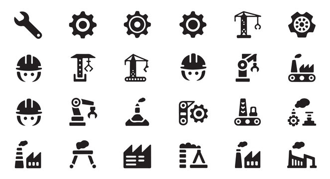 Industrial and construction vector icons set, featuring factory, worker, and machine symbols.
