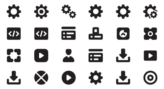 Settings gear icons with coding, menu, download, and play symbols vector set.