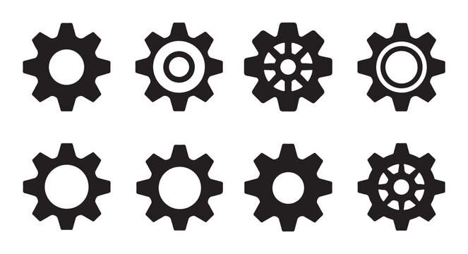 Gear vector icons. black setting and cogwheel signs. engineering and mechanism symbols.