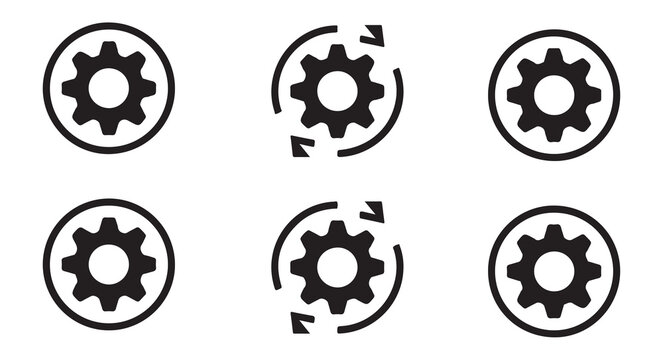 Gear with arrow circle icon set. reload and refresh symbol. settings and rotate sign.
