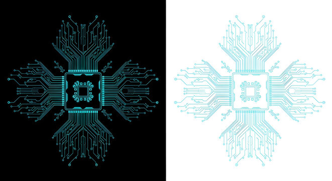 Abstract electronic circuit pattern with microchip