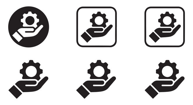 Hand holding gear icon set. service and support symbol. repair and maintenance sign.