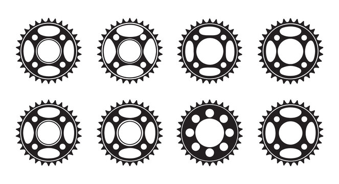 Set of sprockets and gears illustrations for mechanical engineering and industrial design.