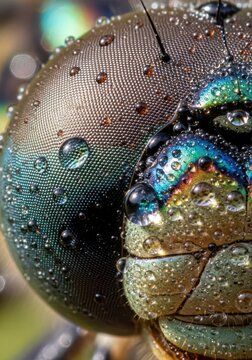 Extreme Macro of Dragonfly Eye with Morning Dew Drops, Iridescent Compound Eye Texture and