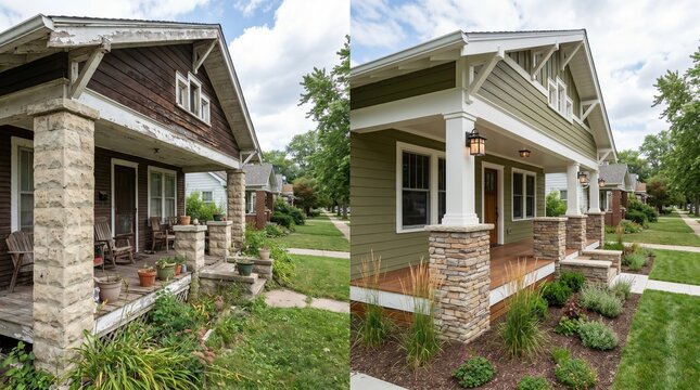 Renovated Modern House Exterior with New Landscaping and Porch Design.