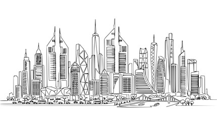 Fototapeta premium Modern City Skyline Sketch: Architectural Doodle of Tall Buildings and Infrastructure