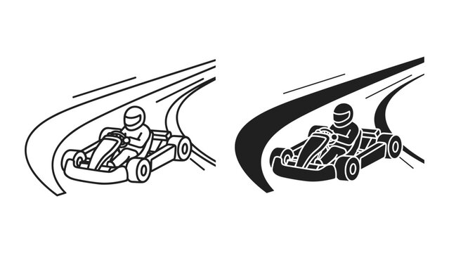 Two gokart racers driving on a track with motion lines behind them in black and white