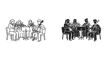 Vector illustration of musicians playing violins and cello in two different styles on white background © SHAHRIYAR RASEL