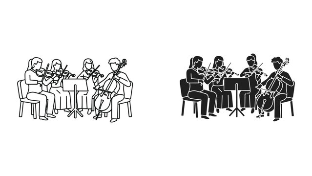 Vector illustration of musicians playing violins and cello in two different styles on white background