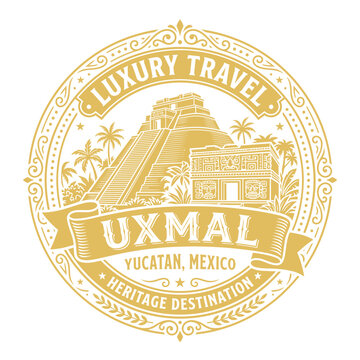 Gold Uxmal Maya Ruins luxury travel emblem vector illustration