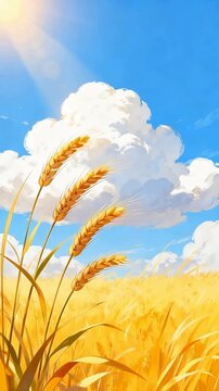 Golden wheat field under blue sky