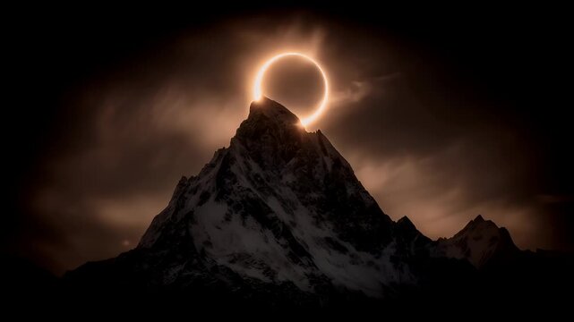 Eclipse, fantasy, mysterious, supernatural. A dramatic, highresolution digital artwork depicts a majestic mountain peak bathed in the warm glow of a radiant sun.