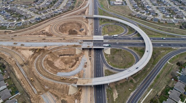 Aerial View of Highway Interchange Under Construction and Completed