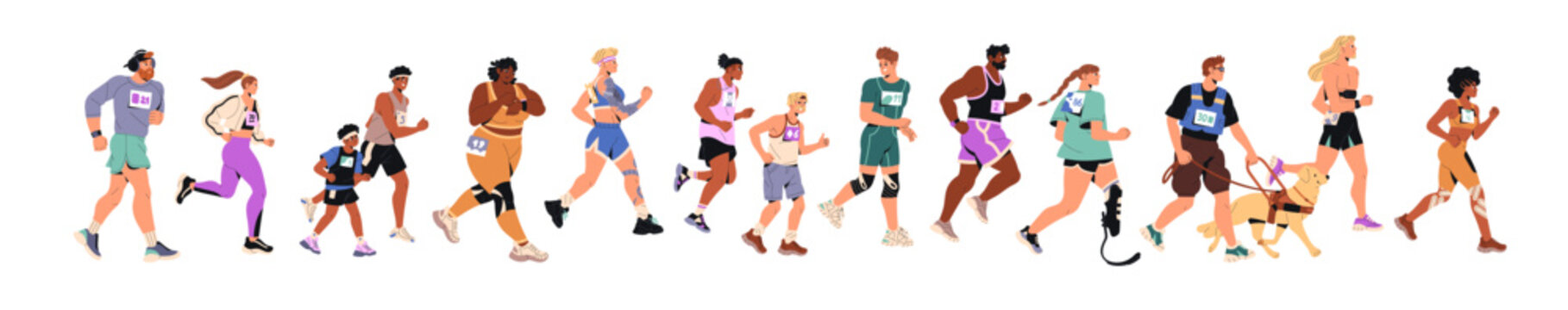 Group of joggers and people with disabilities is running on marathon. Diverse runners are jogging. Men and women do sports, training outdoors. Flat isolated vector illustration on white background