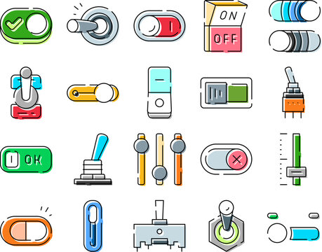 Collection of outline style user interface elements representing various on and off toggles, push buttons, lever switches, and adjustment sliders for controlling digital and electronic devices