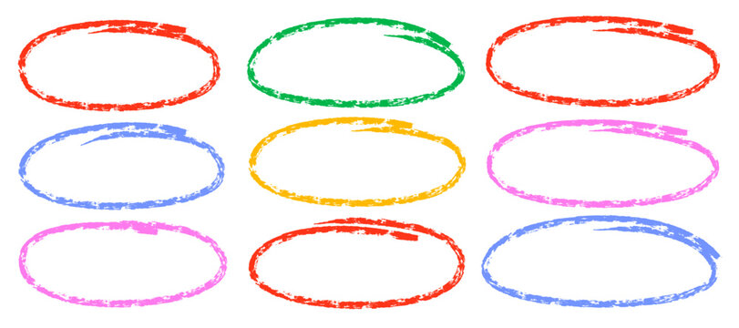 Hand drawn chalk pastel ellipses and colorful crayon charcoal ovals. Bright doodle scribble circles and bubbles for highlighting and circling text. Textured sketch vector set isolated.
