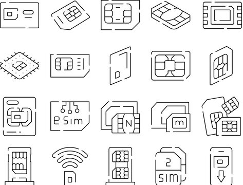 Sim card variations and modern embedded esim technology icons representing telecommunication, mobile connectivity, global communication, data, and digital services for electronic devices