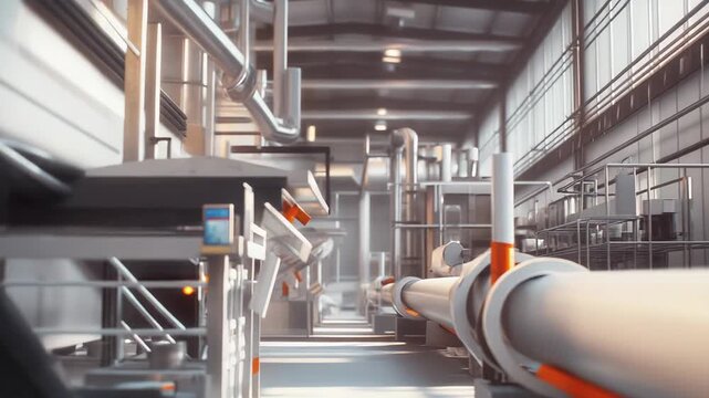 Manufacturing facility showcasing long production lines with advanced machinery, automation, and complex pipe systems, illustrating innovation and technology in contemporary industry